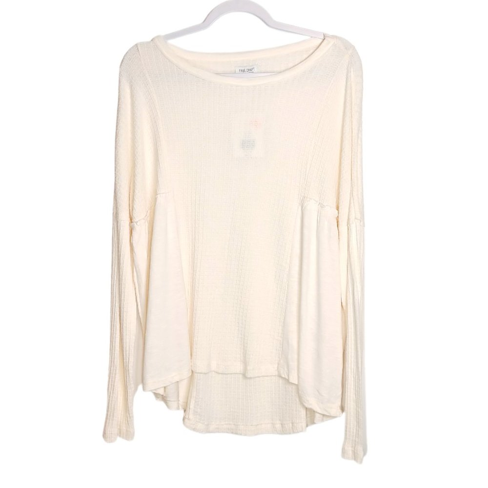 Waffle Knit Tunic Womens XS Cream Long Sleeve Oversize True Craft Blouse